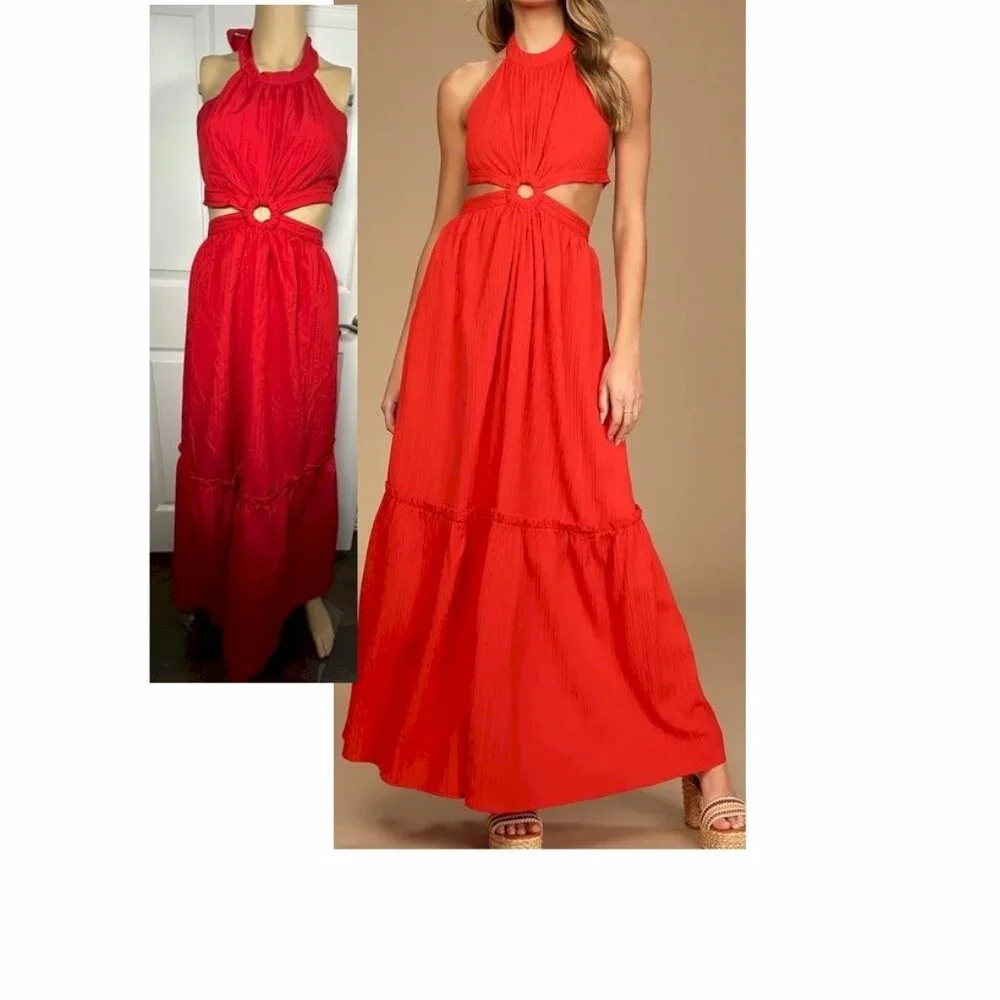 Lulus Island Vacay Red Tie-Back Maxi Dress Size XS New with Tags NWT